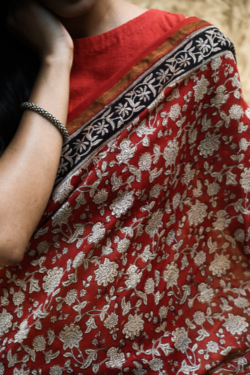 The ICH Bagru Statements : Hand Block Printed Chanderi Saree - Pushpa Jaal