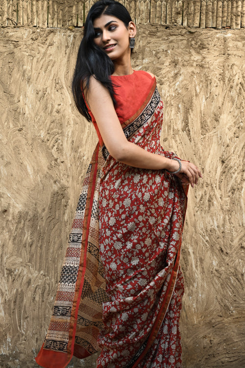 The ICH Bagru Statements : Hand Block Printed Chanderi Saree - Pushpa Jaal