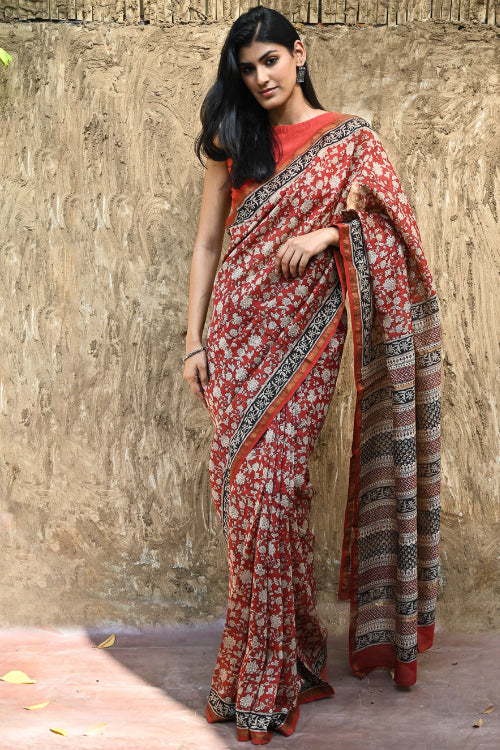 The ICH Bagru Statements : Hand Block Printed Chanderi Saree - Pushpa Jaal