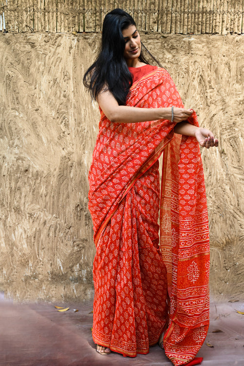 The ICH Dabu Vibes : Hand Block Printed Chanderi Saree - Agni Pallav
