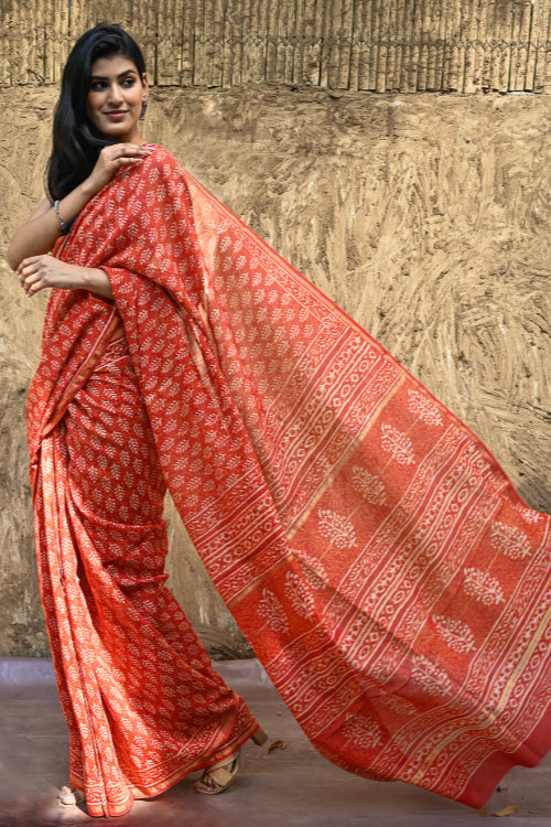 The ICH Dabu Vibes : Hand Block Printed Chanderi Saree - Agni Pallav
