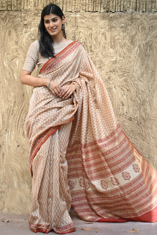The ICH Bagru Statements : Hand Block Printed Chanderi Saree - Chand Phool Buti