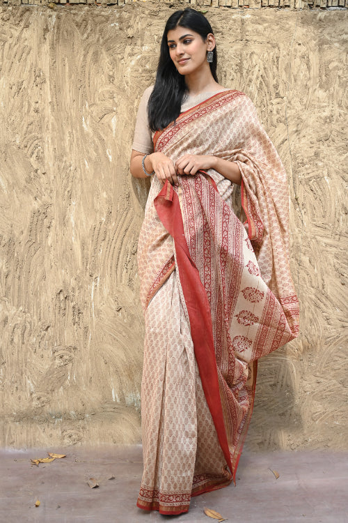 The ICH Bagru Statements : Hand Block Printed Chanderi Saree - Chand Phool Buti
