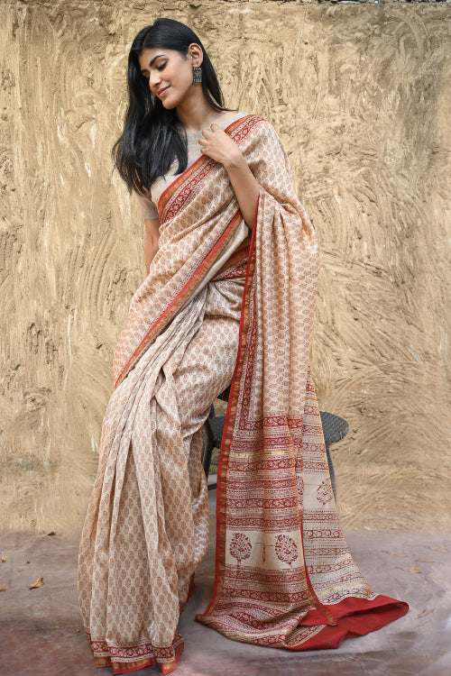 The ICH Bagru Statements : Hand Block Printed Chanderi Saree - Chand Phool Buti