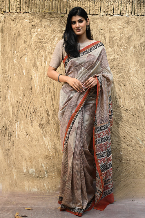 The ICH Bagru Statements : Hand Block Printed Chanderi Saree - Rekha Mandala