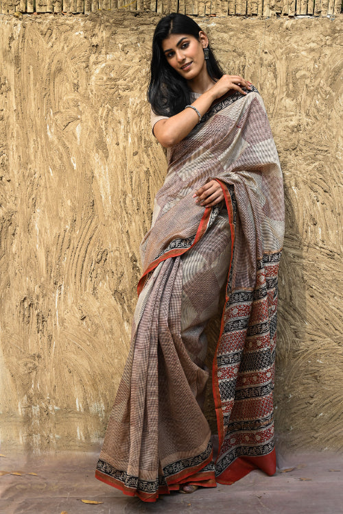 The ICH Bagru Statements : Hand Block Printed Chanderi Saree - Rekha Mandala