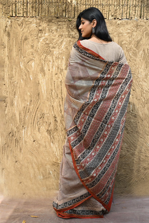 The ICH Bagru Statements : Hand Block Printed Chanderi Saree - Rekha Mandala