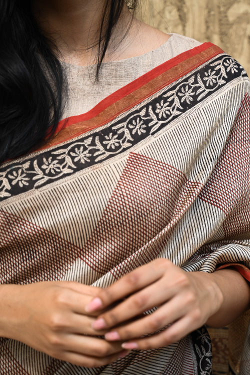 The ICH Bagru Statements : Hand Block Printed Chanderi Saree - Rekha Mandala