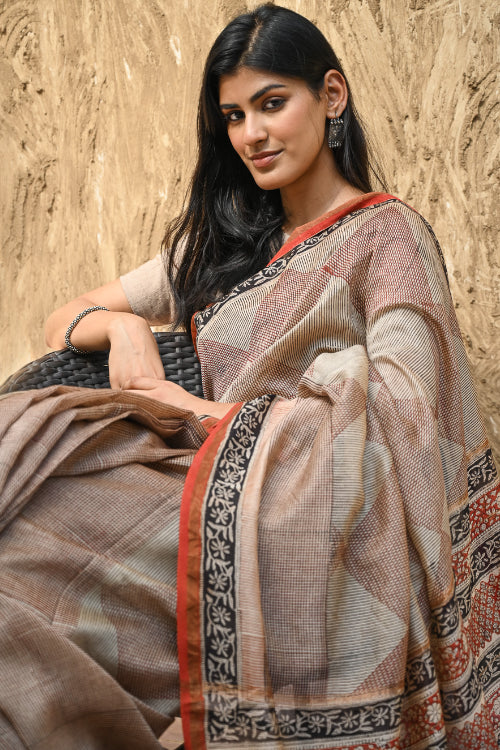 The ICH Bagru Statements : Hand Block Printed Chanderi Saree - Rekha Mandala