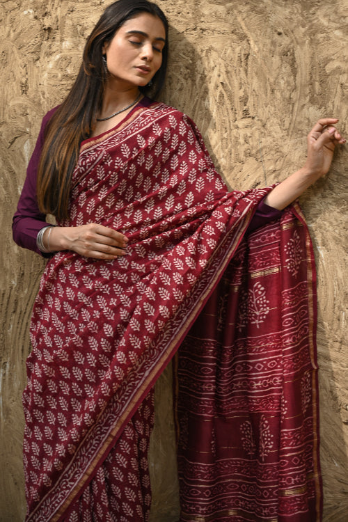 The ICH Bagru Statements : Hand Block Printed Chanderi Saree - Maruva Patra