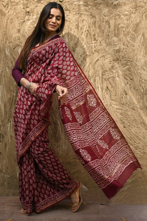 The ICH Bagru Statements : Hand Block Printed Chanderi Saree - Maruva Patra