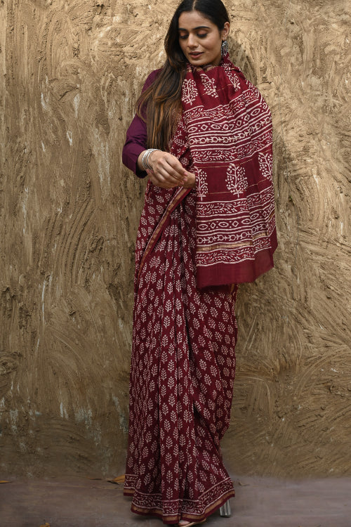 The ICH Bagru Statements : Hand Block Printed Chanderi Saree - Maruva Patra