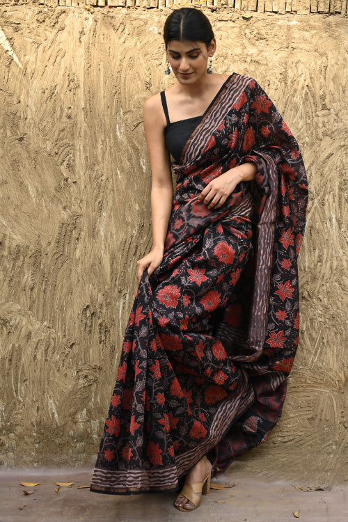 The ICH Bagru Statements : Hand Block Printed Chanderi Saree - Pushp Vana