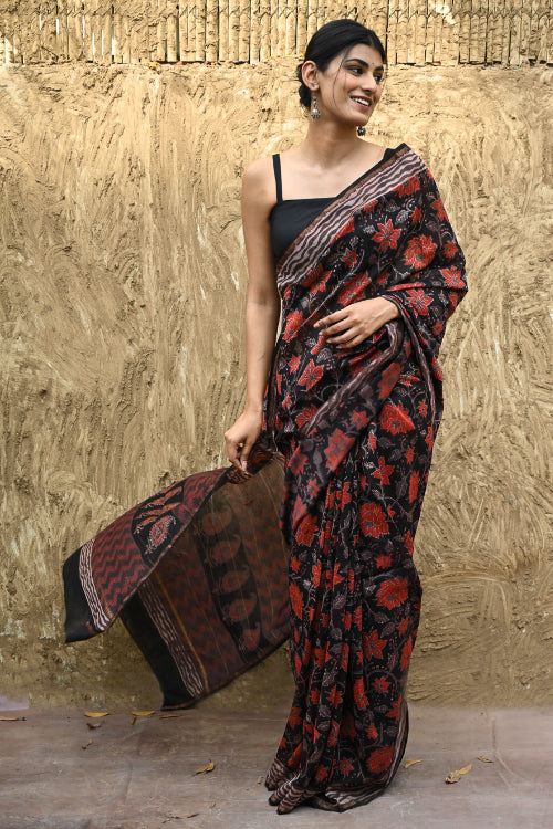 The ICH Bagru Statements : Hand Block Printed Chanderi Saree - Pushp Vana