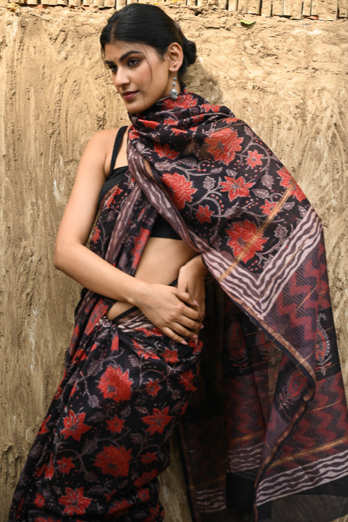 The ICH Bagru Statements : Hand Block Printed Chanderi Saree - Pushp Vana