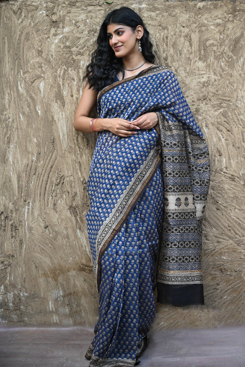 The ICH Bagru Statements : Hand Block Printed Chanderi Saree - Neel Tarang