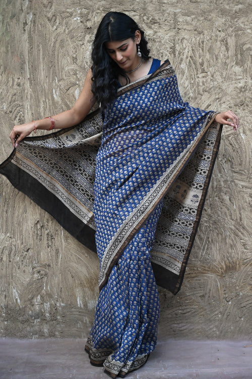 The ICH Bagru Statements : Hand Block Printed Chanderi Saree - Neel Tarang