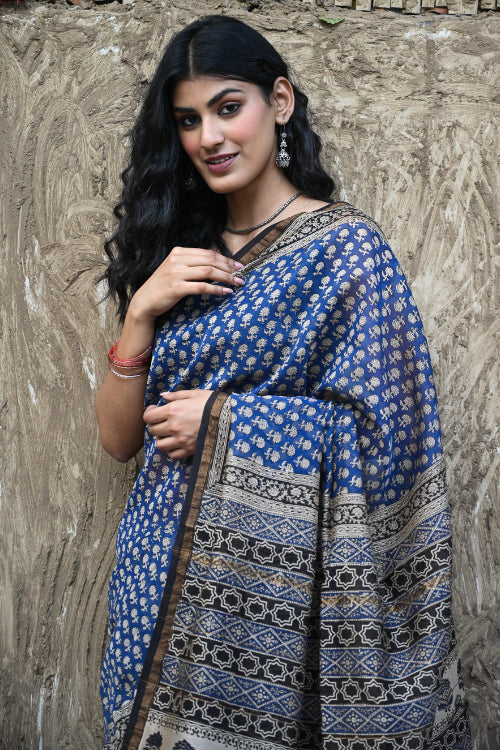 The ICH Bagru Statements : Hand Block Printed Chanderi Saree - Neel Tarang
