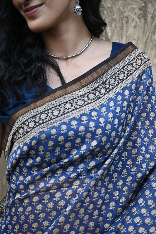 The ICH Bagru Statements : Hand Block Printed Chanderi Saree - Neel Tarang