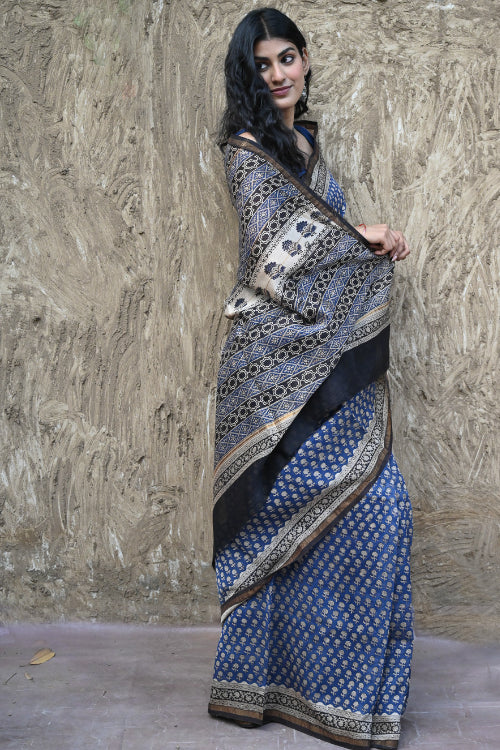 The ICH Bagru Statements : Hand Block Printed Chanderi Saree - Neel Tarang
