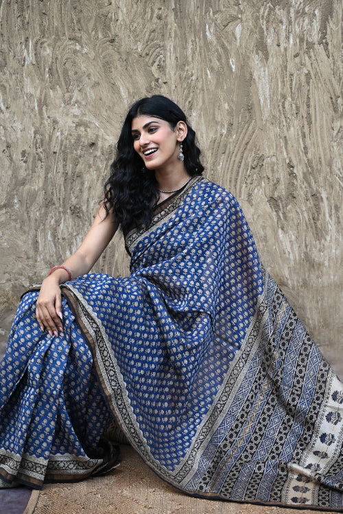 The ICH Bagru Statements : Hand Block Printed Chanderi Saree - Neel Tarang