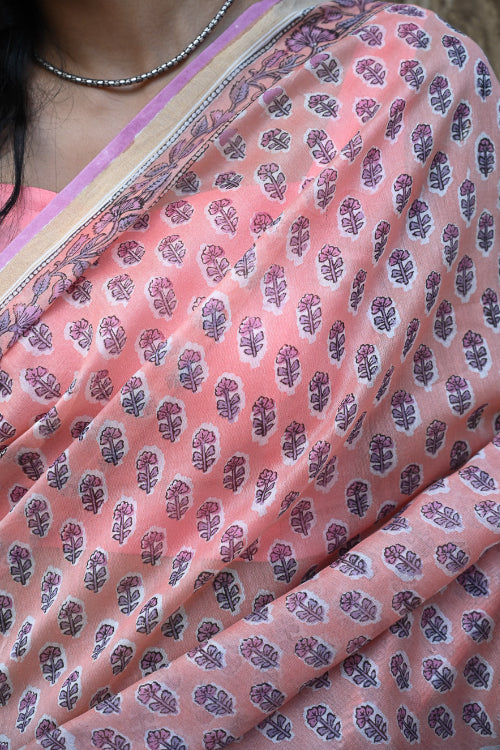 The ICH Sanganer Summers : Hand Block Printed Chanderi Saree - Pink Pushpa
