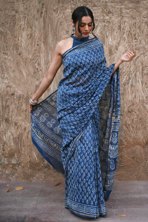 The ICH Dabu Vibes : Hand Block Printed Chanderi Saree - Neel Buti