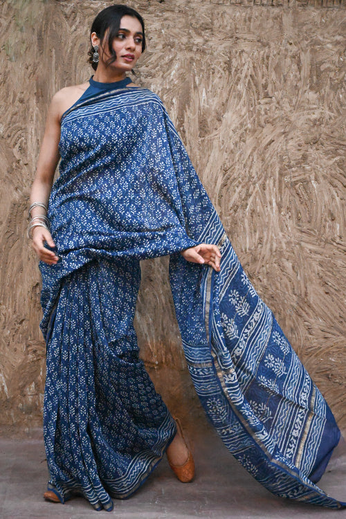 The ICH Dabu Vibes : Hand Block Printed Chanderi Saree - Neel Buti