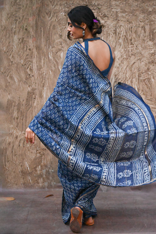 The ICH Dabu Vibes : Hand Block Printed Chanderi Saree - Neel Buti