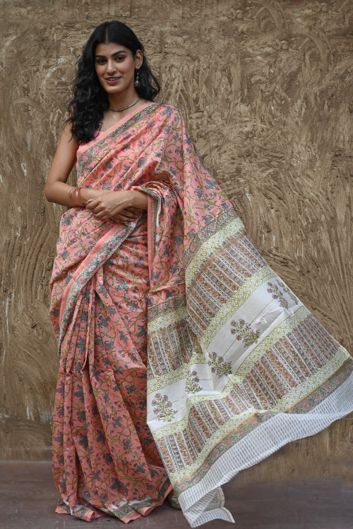 The ICH Sanganer Summers : Hand Block Printed Chanderi Saree - Gulnaar