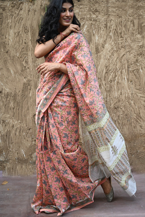 The ICH Sanganer Summers : Hand Block Printed Chanderi Saree - Gulnaar