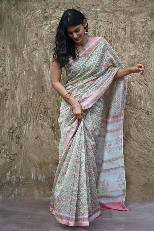 The ICH Sanganer Summers : Hand Block Printed Chanderi Saree - Pankhudi