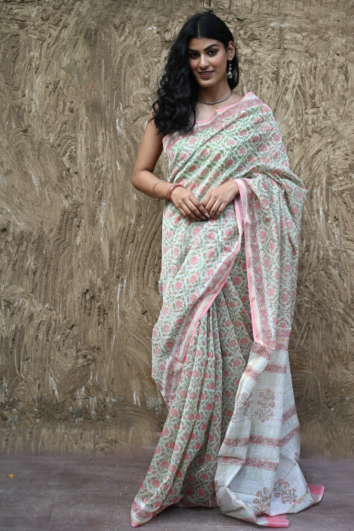 The ICH Sanganer Summers : Hand Block Printed Chanderi Saree - Pankhudi