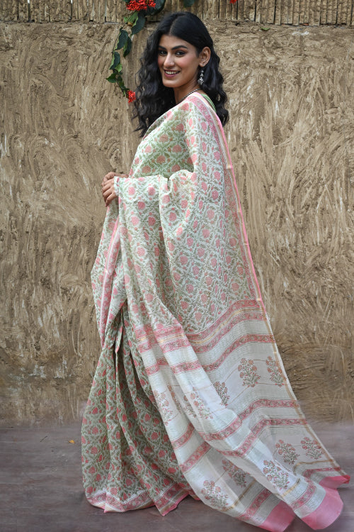 The ICH Sanganer Summers : Hand Block Printed Chanderi Saree - Pankhudi
