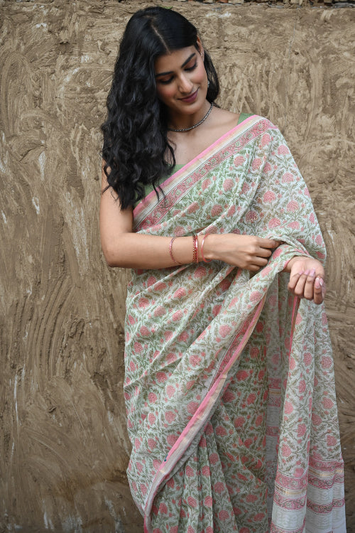 The ICH Sanganer Summers : Hand Block Printed Chanderi Saree - Pankhudi