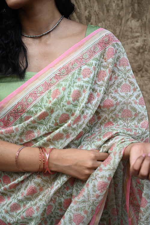 The ICH Sanganer Summers : Hand Block Printed Chanderi Saree - Pankhudi