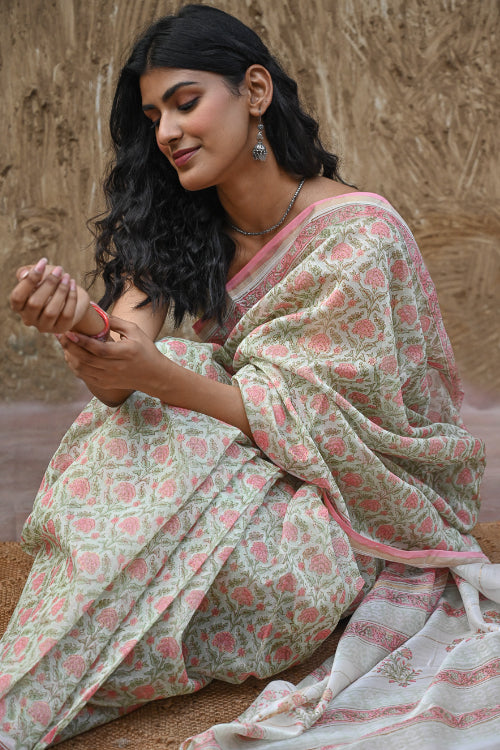 The ICH Sanganer Summers : Hand Block Printed Chanderi Saree - Pankhudi