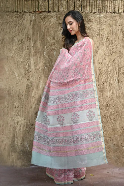 The ICH Sanganer Summers : Hand Block Printed Chanderi Saree - Gulabi Belvat