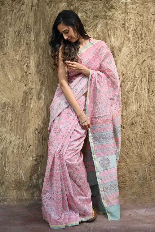 The ICH Sanganer Summers : Hand Block Printed Chanderi Saree - Gulabi Belvat