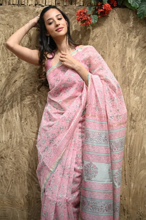 The ICH Sanganer Summers : Hand Block Printed Chanderi Saree - Gulabi Belvat