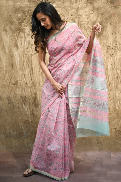 The ICH Sanganer Summers : Hand Block Printed Chanderi Saree - Gulabi Belvat