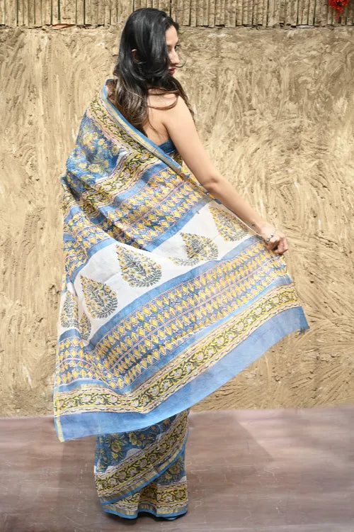 The ICH Sanganer Summers : Hand Block Printed Chanderi Saree - Blue Garden