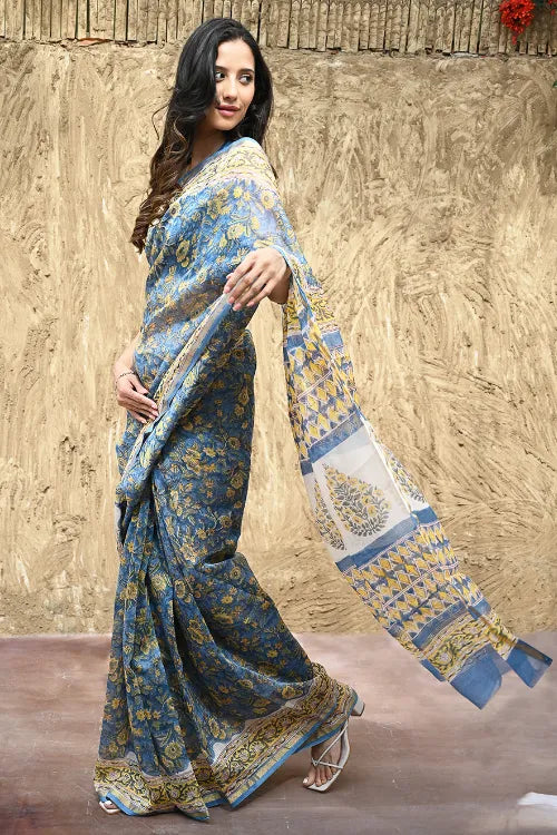 The ICH Sanganer Summers : Hand Block Printed Chanderi Saree - Blue Garden