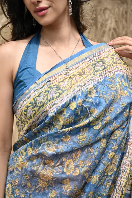 The ICH Sanganer Summers : Hand Block Printed Chanderi Saree - Blue Garden