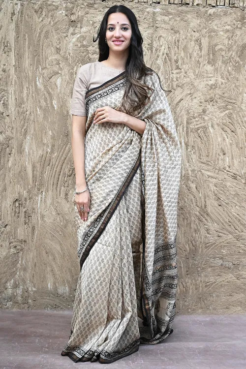 The ICH Bagru Statements : Hand Block Printed Chanderi Saree - Ivory Shimmer