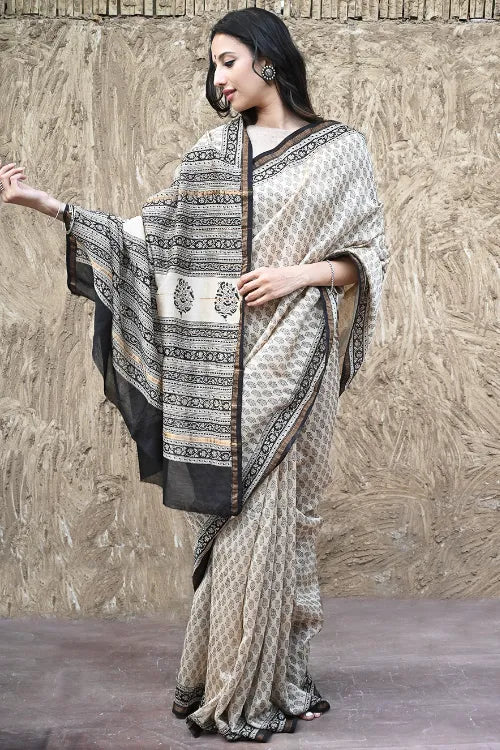 The ICH Bagru Statements : Hand Block Printed Chanderi Saree - Ivory Shimmer