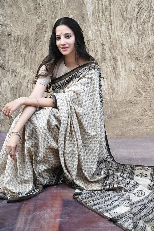 The ICH Bagru Statements : Hand Block Printed Chanderi Saree - Ivory Shimmer