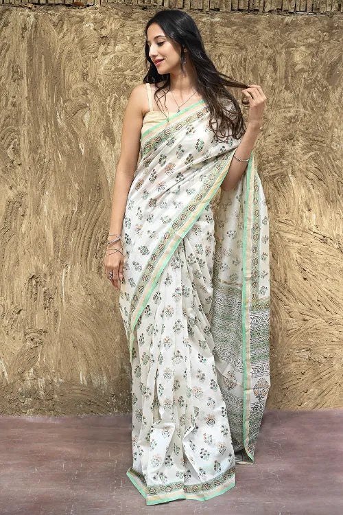 Sanganer Summers : Hand Block Printed Chanderi Saree - Ivory Blooms