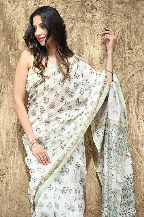 Sanganer Summers : Hand Block Printed Chanderi Saree - Ivory Blooms