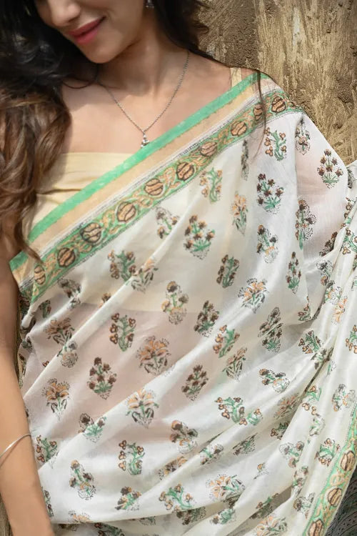Sanganer Summers : Hand Block Printed Chanderi Saree - Ivory Blooms